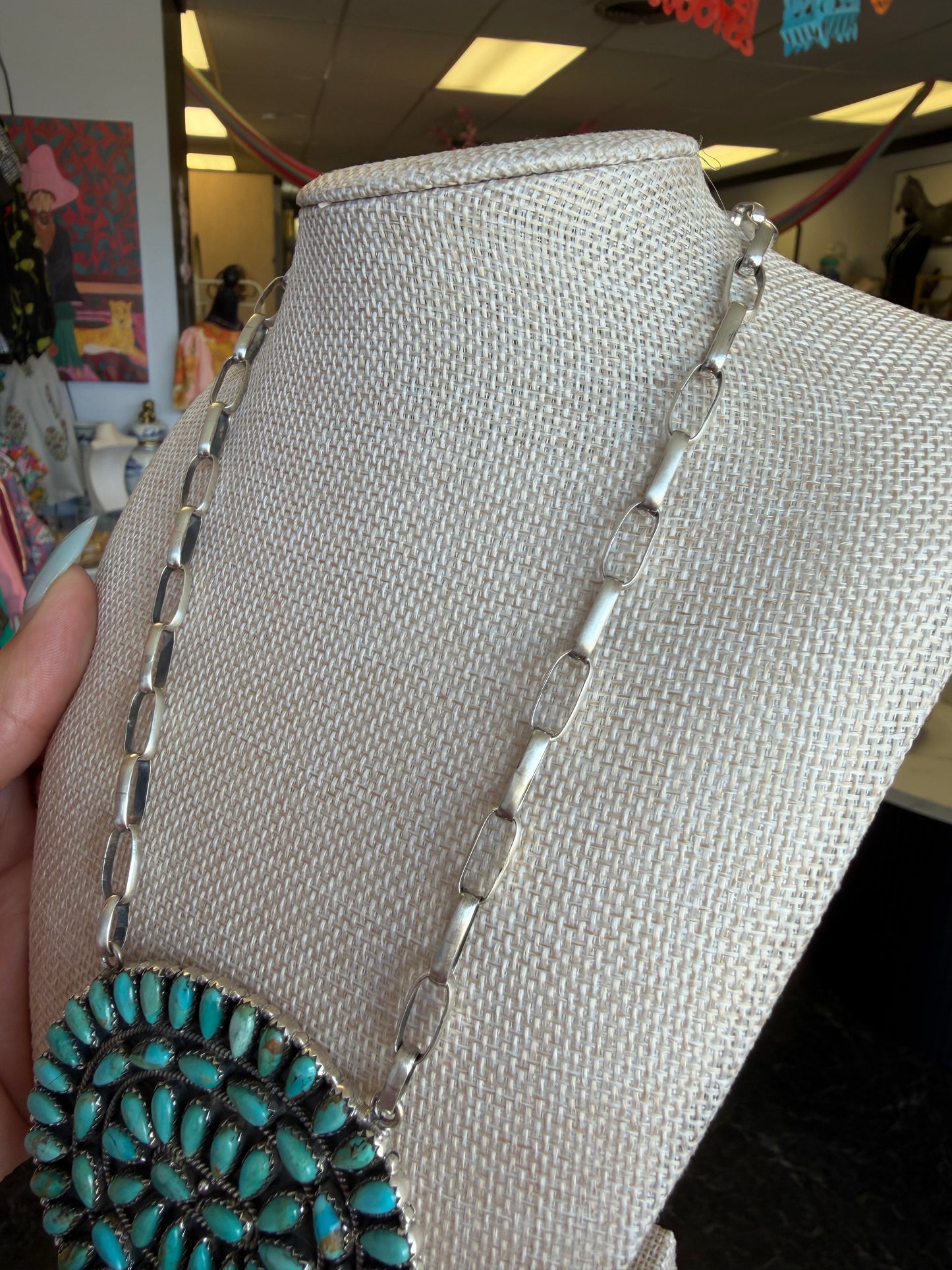 Sterling Silver & Turquoise Huge Cluster Paper Clip Necklace