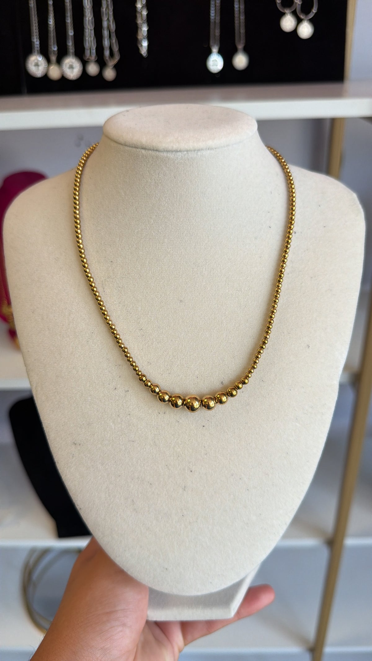 Stainless Steel Graduated Beaded Necklace Silver, Gold, and Multi
