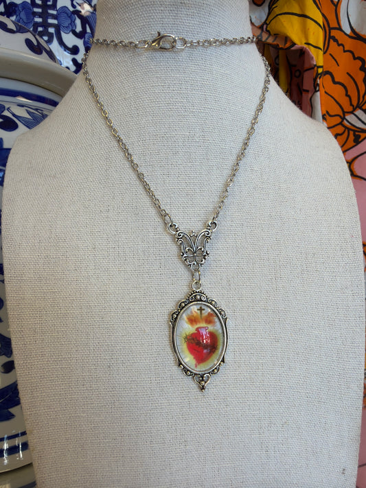 Long Sacred Heart Silver Necklace