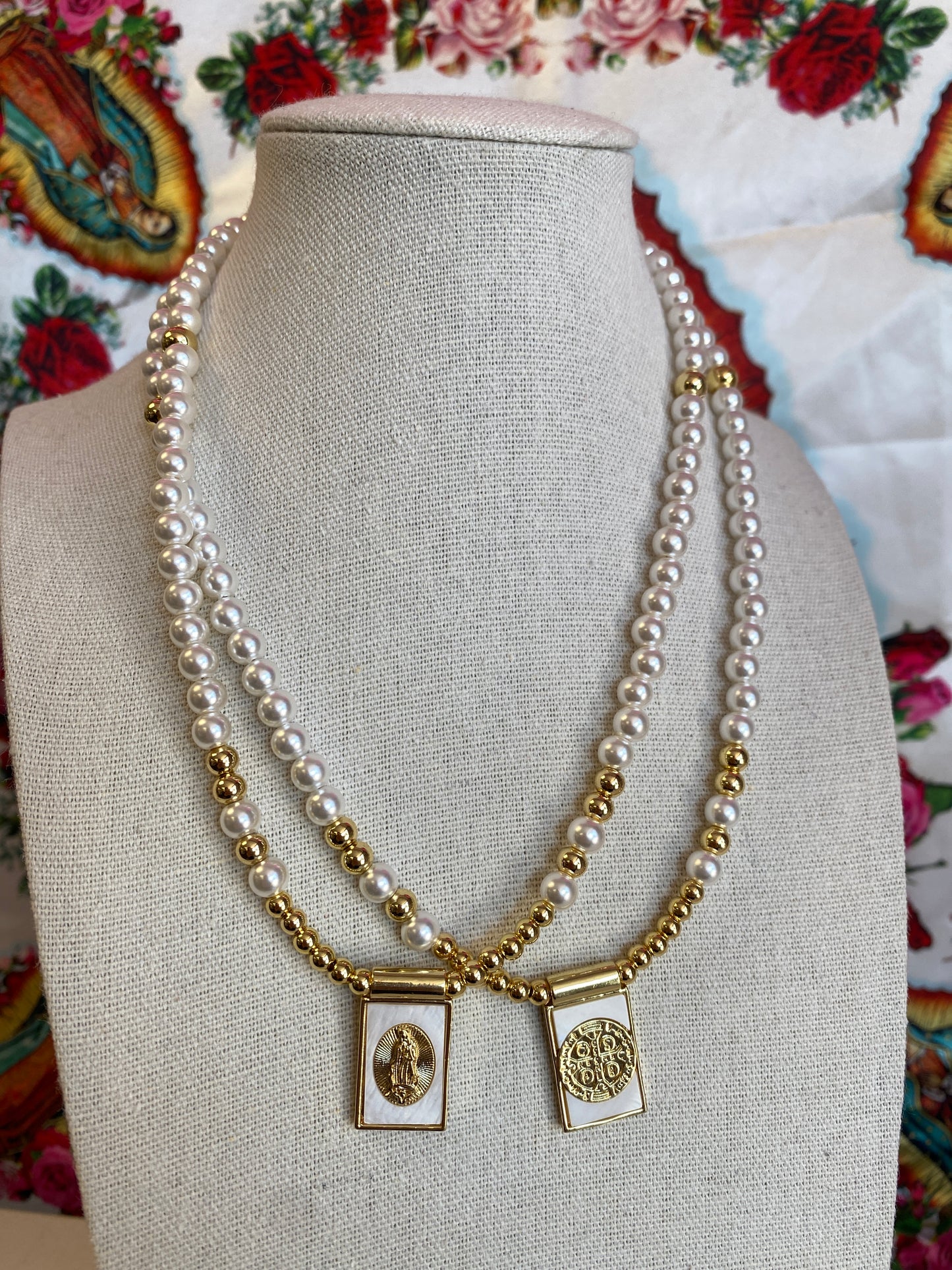 White & Gold Religious Beaded Necklace