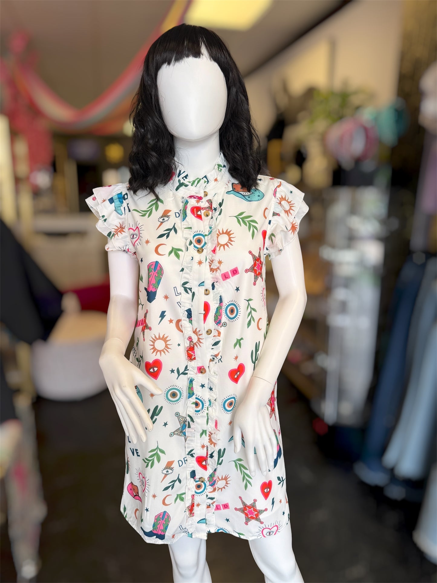 White Fluttered Graphic Western Button Up Dress