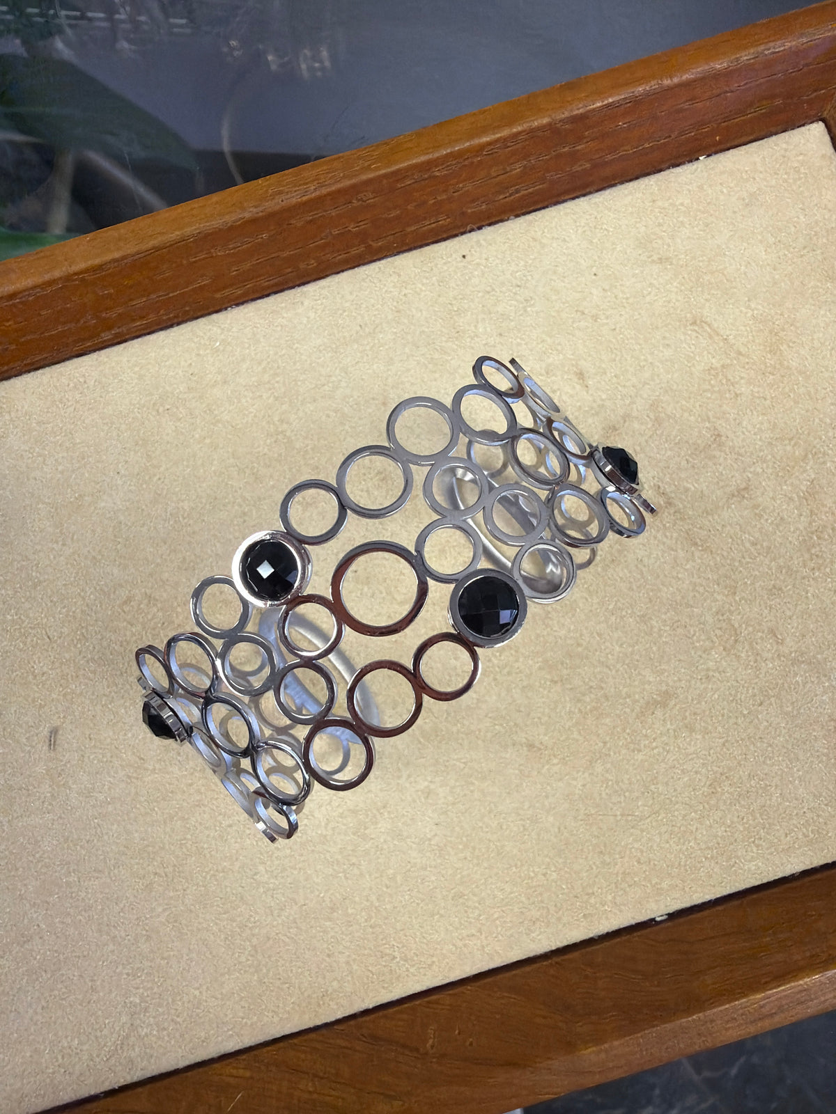 Stainless Circle Cuff With Black Stones