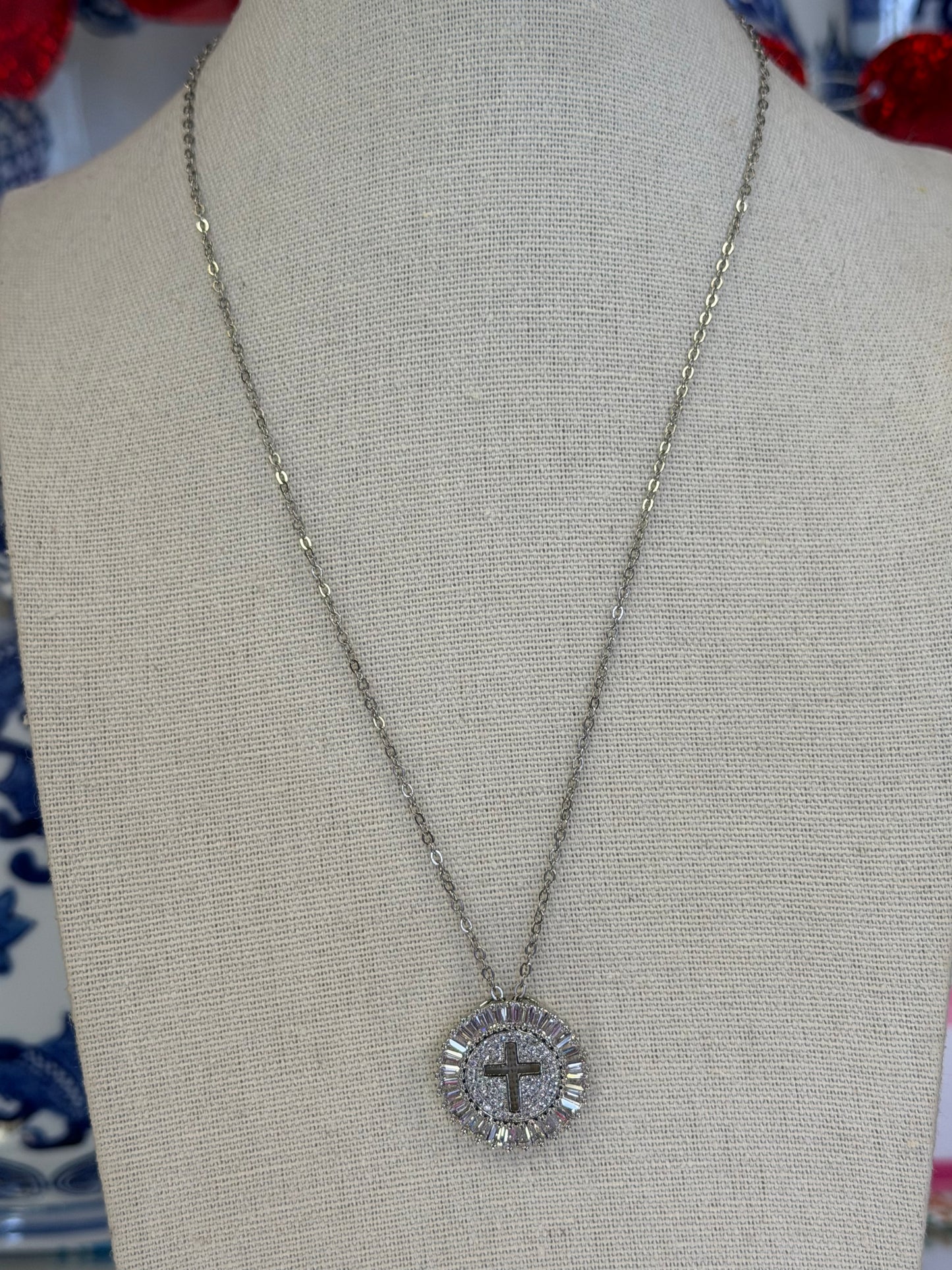 Crystal Cross Necklace Silver