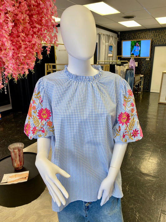 Light Blue Gingham Floral Embroidered Puff Sleeve Top