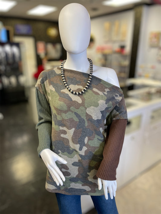 Camo Print Off Shoulder Sweater Top