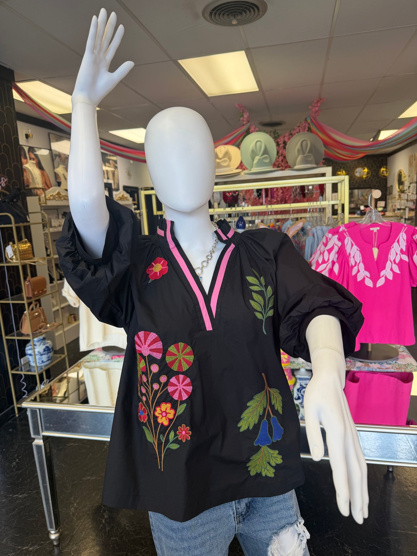 Black Embroidered Floral V-Neck Blouse