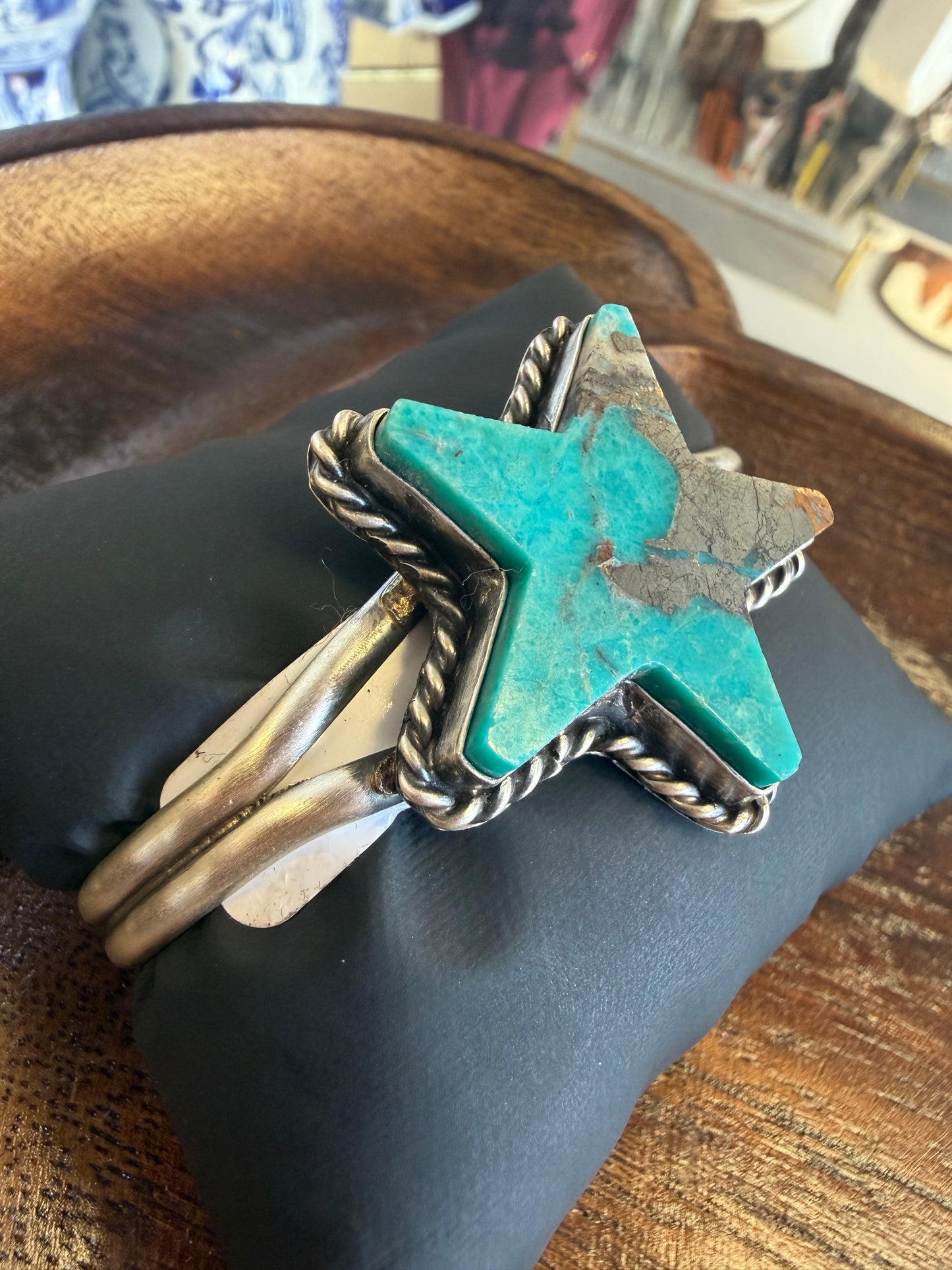Sterling Silver Native Larson Chee Navajo Kingman Star Cuff Bracelet