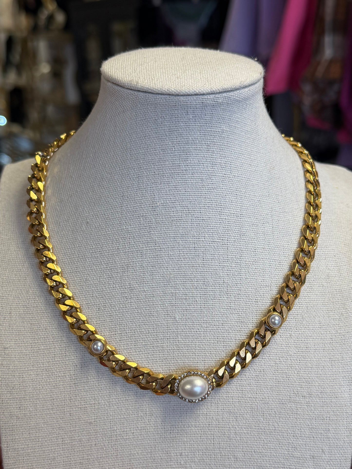Stainless Steel Gold Plated Imitation Pearl Crystal Necklace