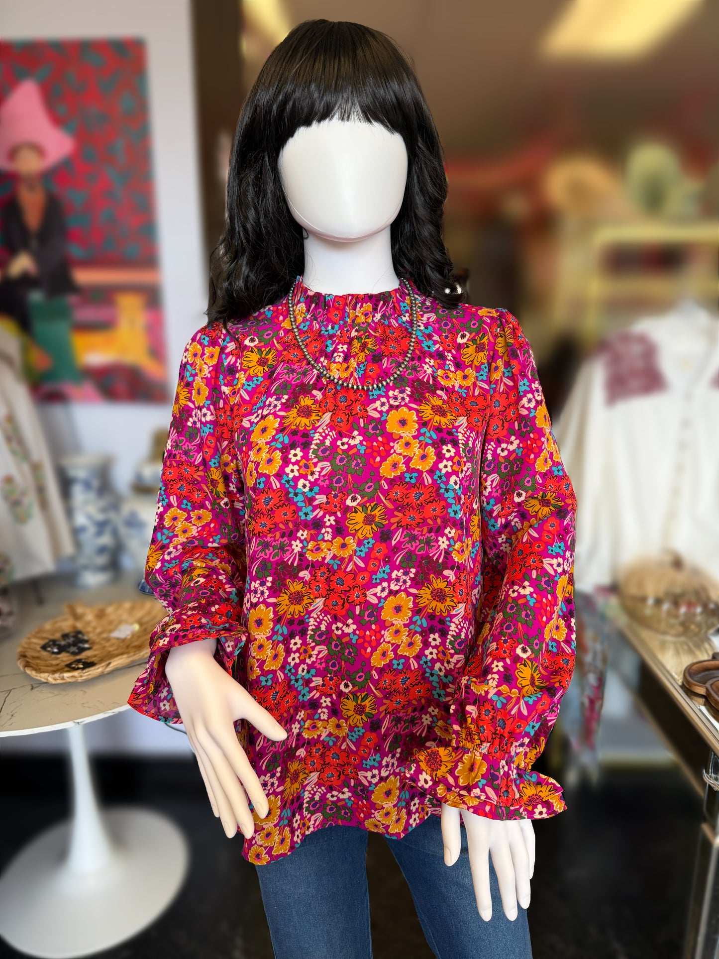 Magenta Floral Flutter Sleeve Top