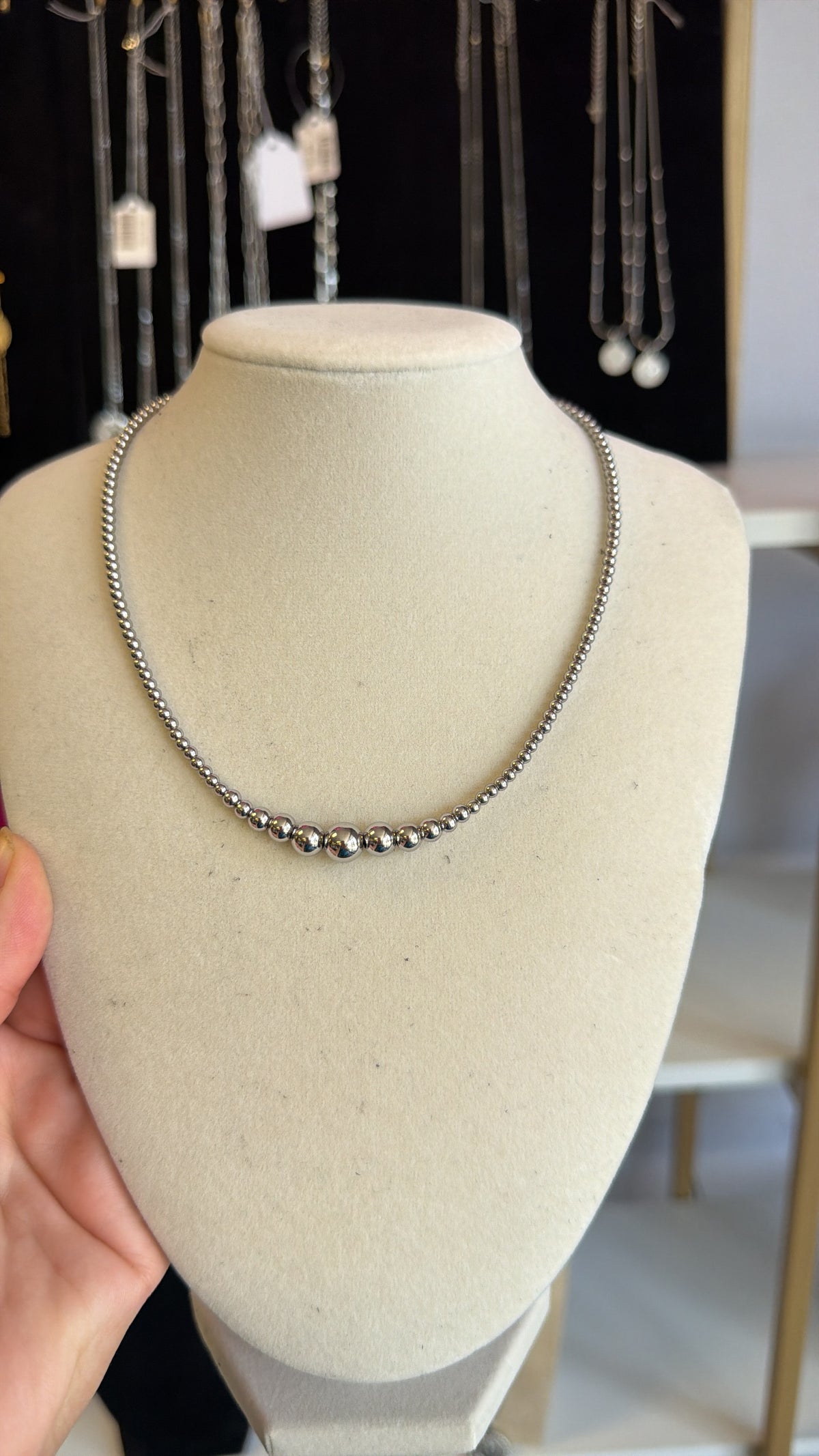 Stainless Steel Graduated Beaded Necklace Silver, Gold, and Multi
