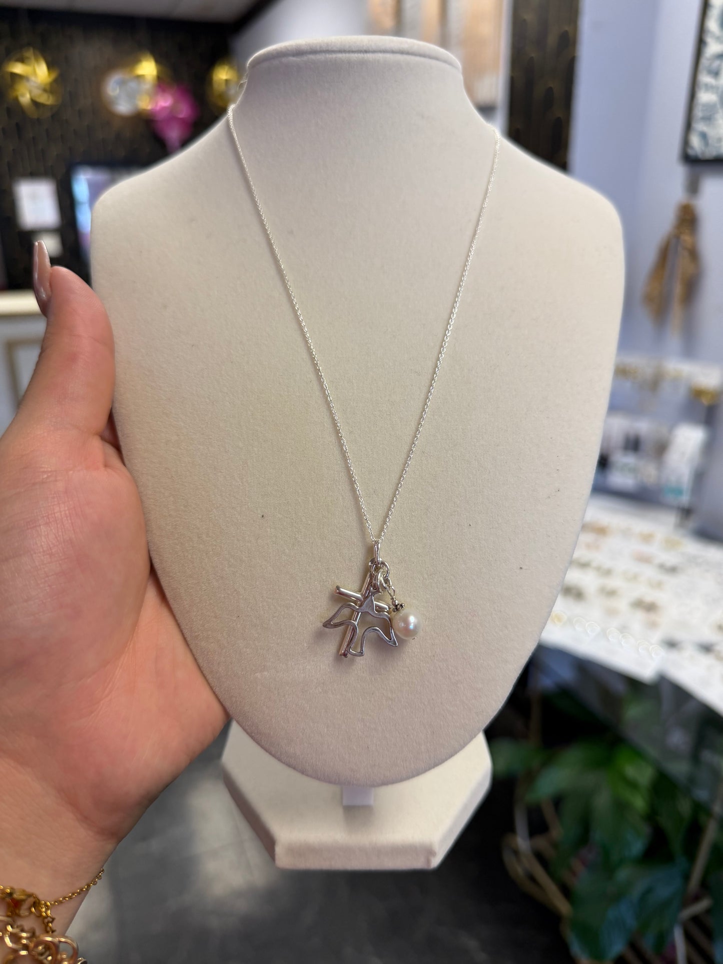 Sterling Silver Charm Necklace Pearl, Cross, And Dove