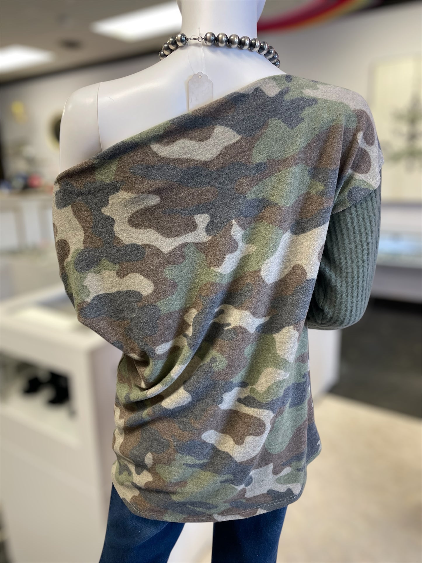 Camo Print Off Shoulder Sweater Top