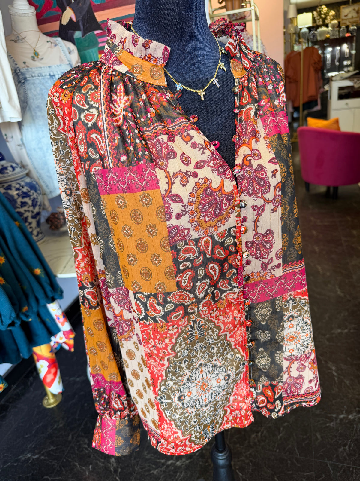 Multi Color Paisley Sheer Sleeve Top