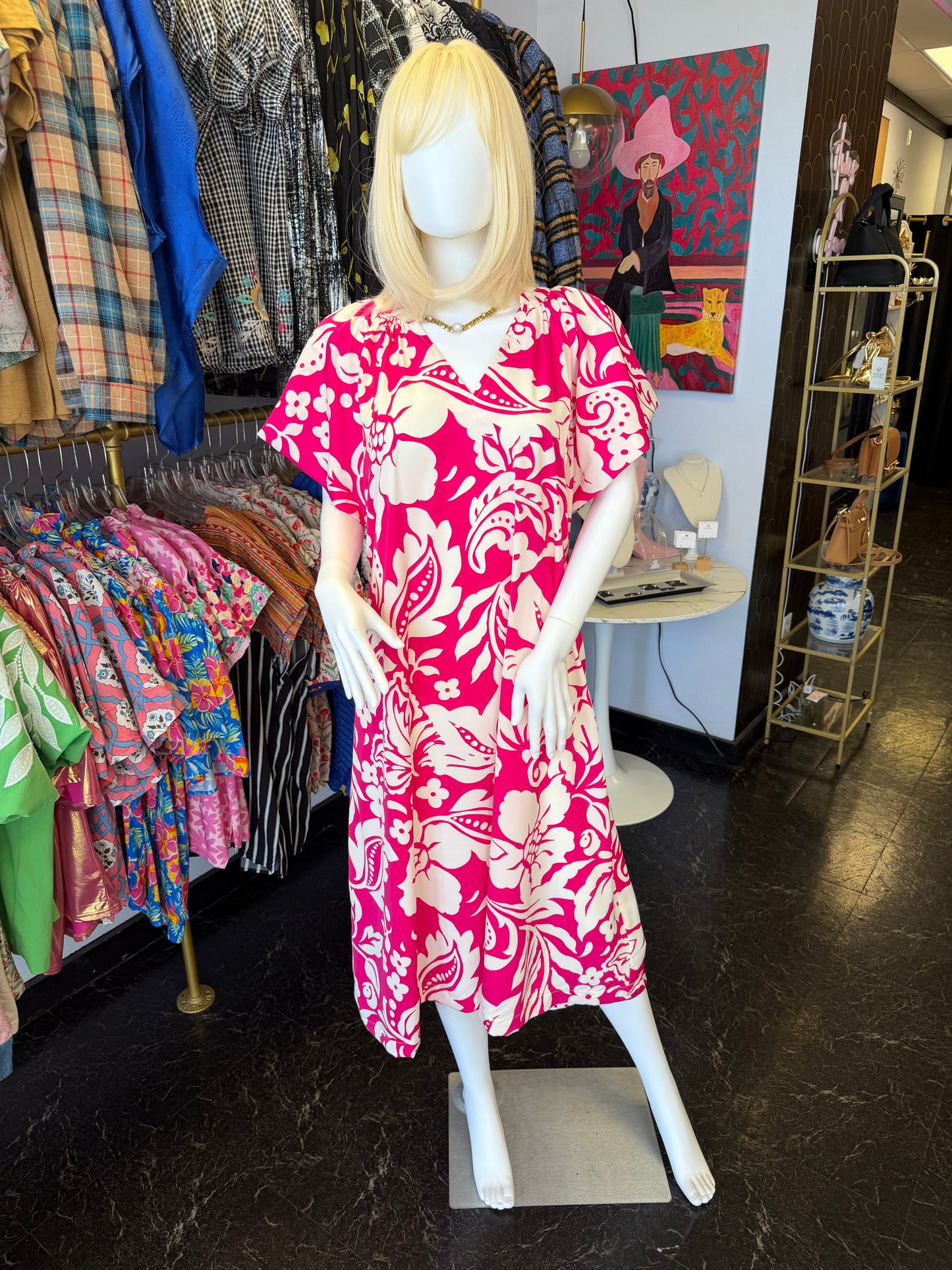 Pink & White Print Tropical Tie Maxi Dress