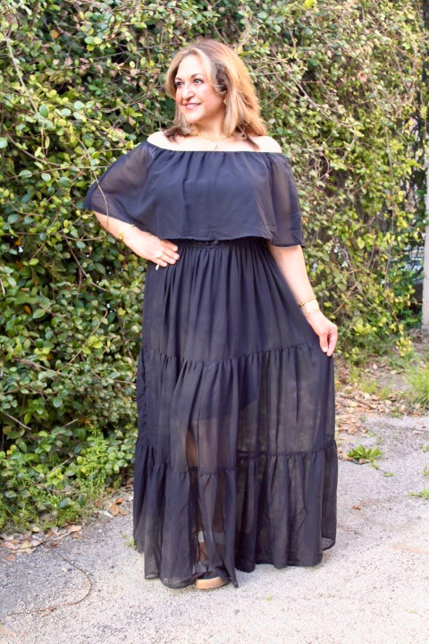 Breezy Off the Shoulder Sheer Maxi Dress