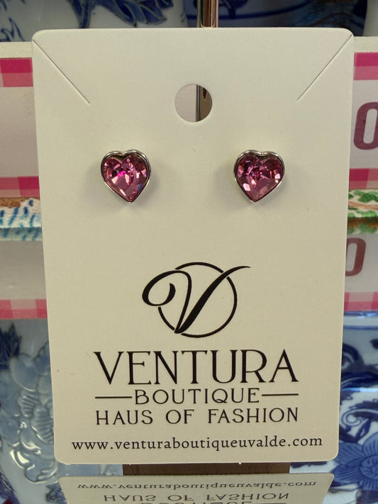 Pink Crystal Heart Stud Earrings