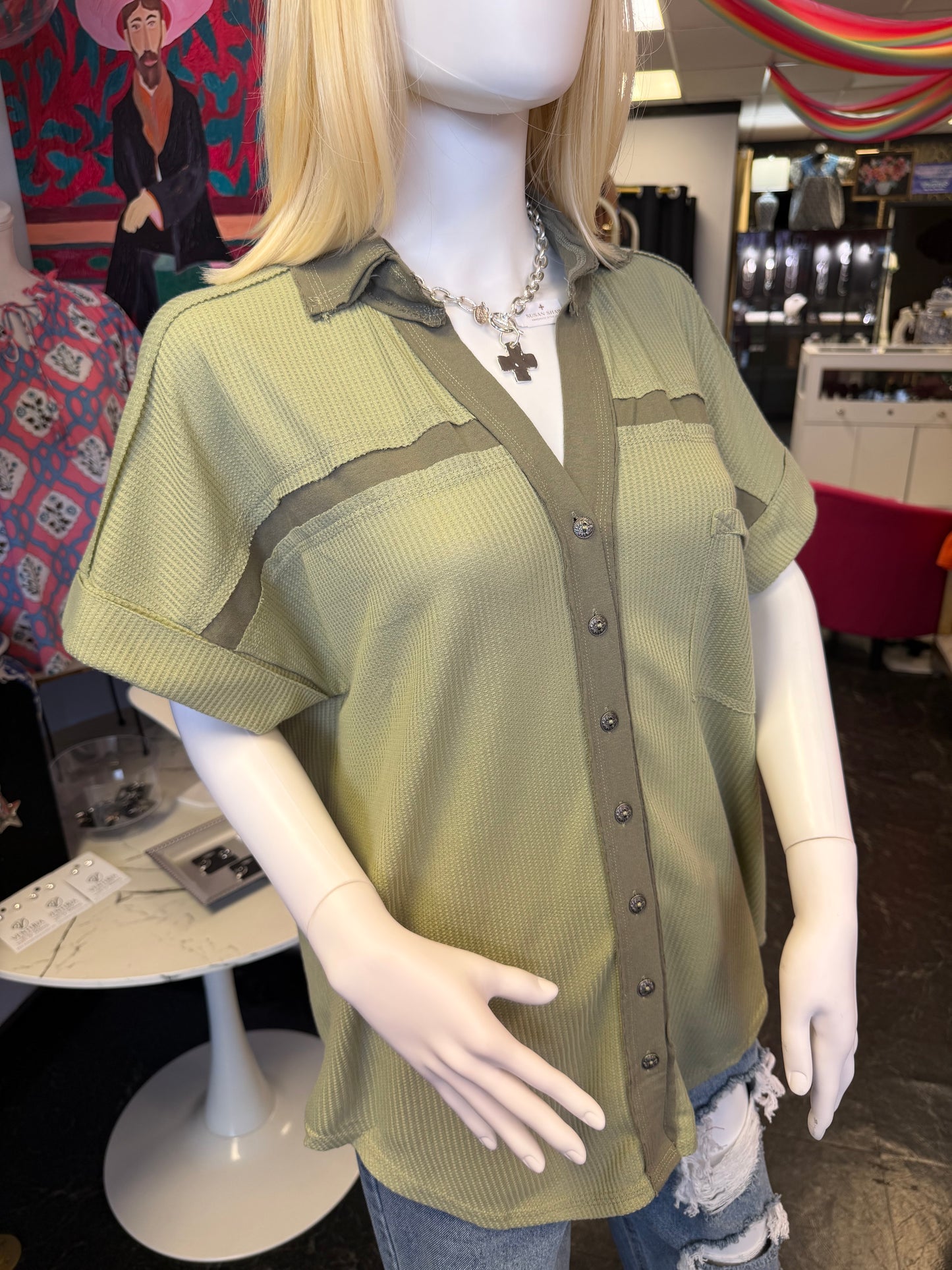 Olive Waffle Knit Button Down Top