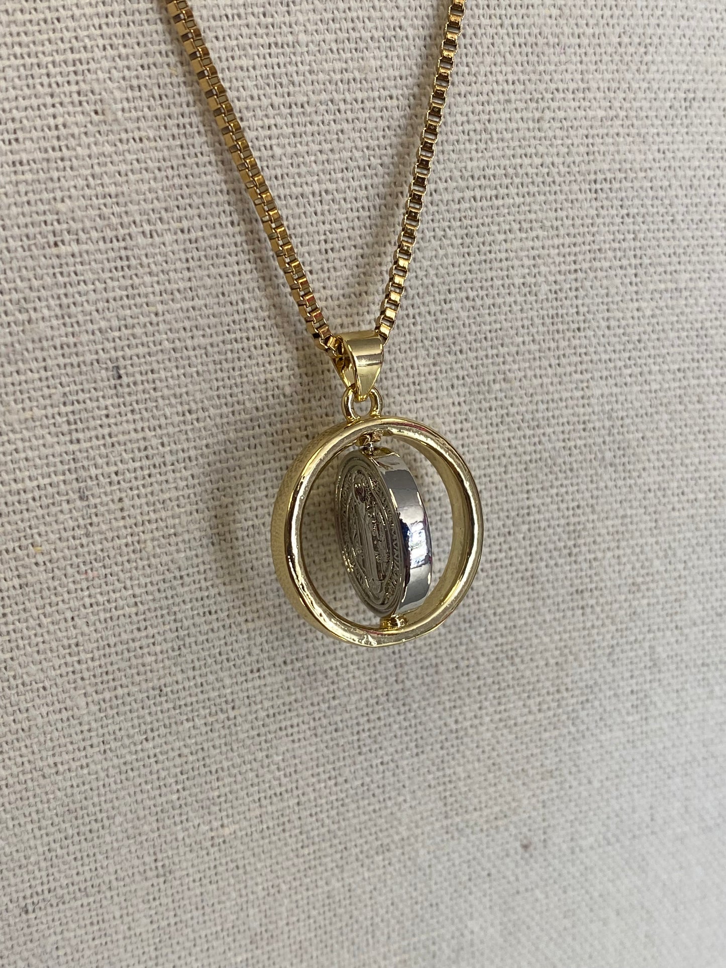 Silver & Gold Spinner Saint Benedict Box Necklace