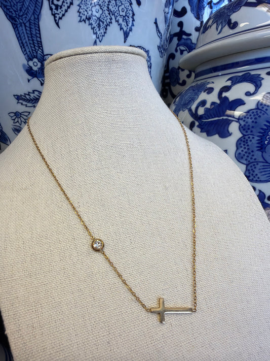 Gold Stainless Steel Crystal Sideways Cross Necklace