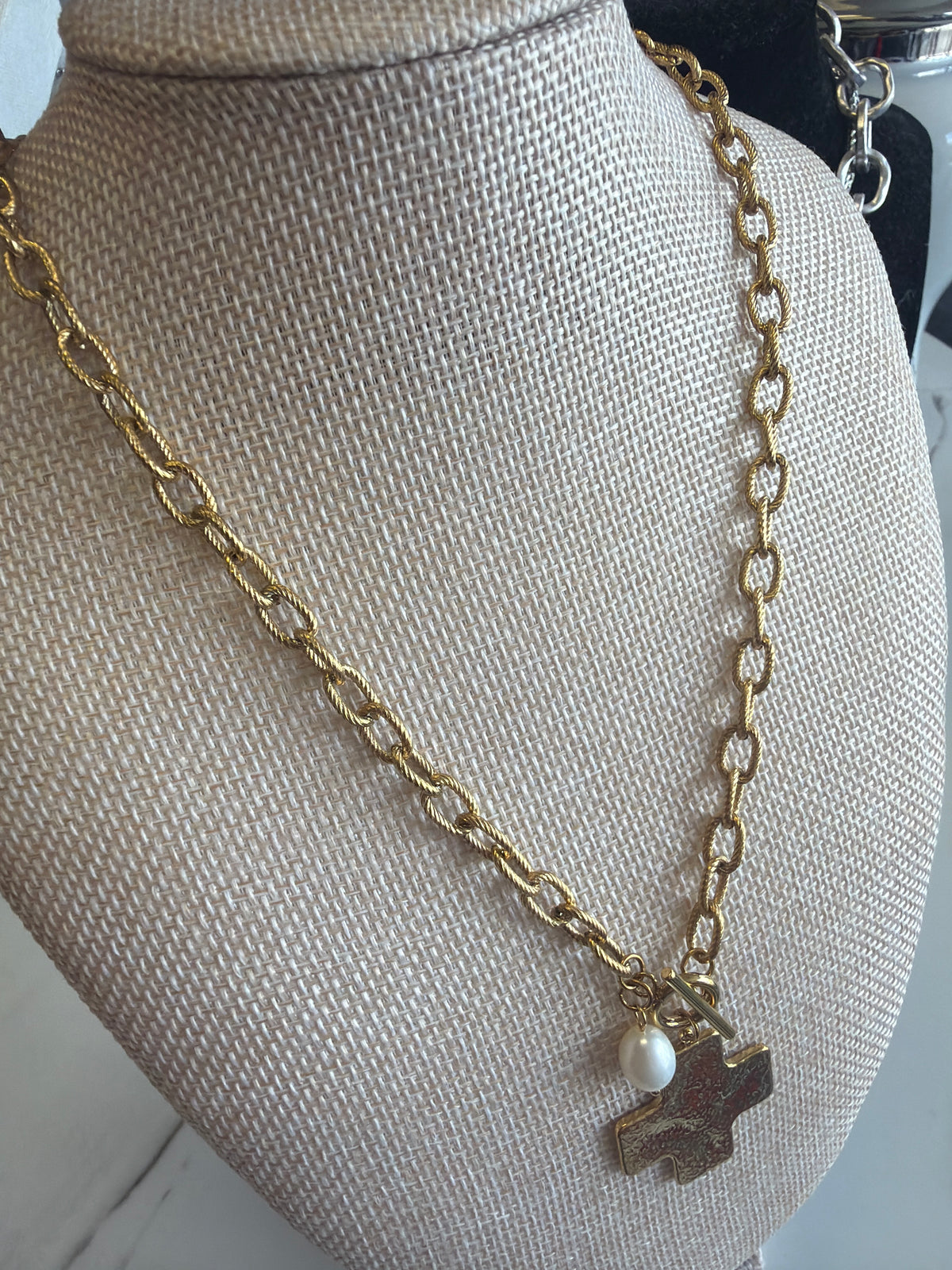 Stainless Steel Gold Plated Cross & Pearl Toggle