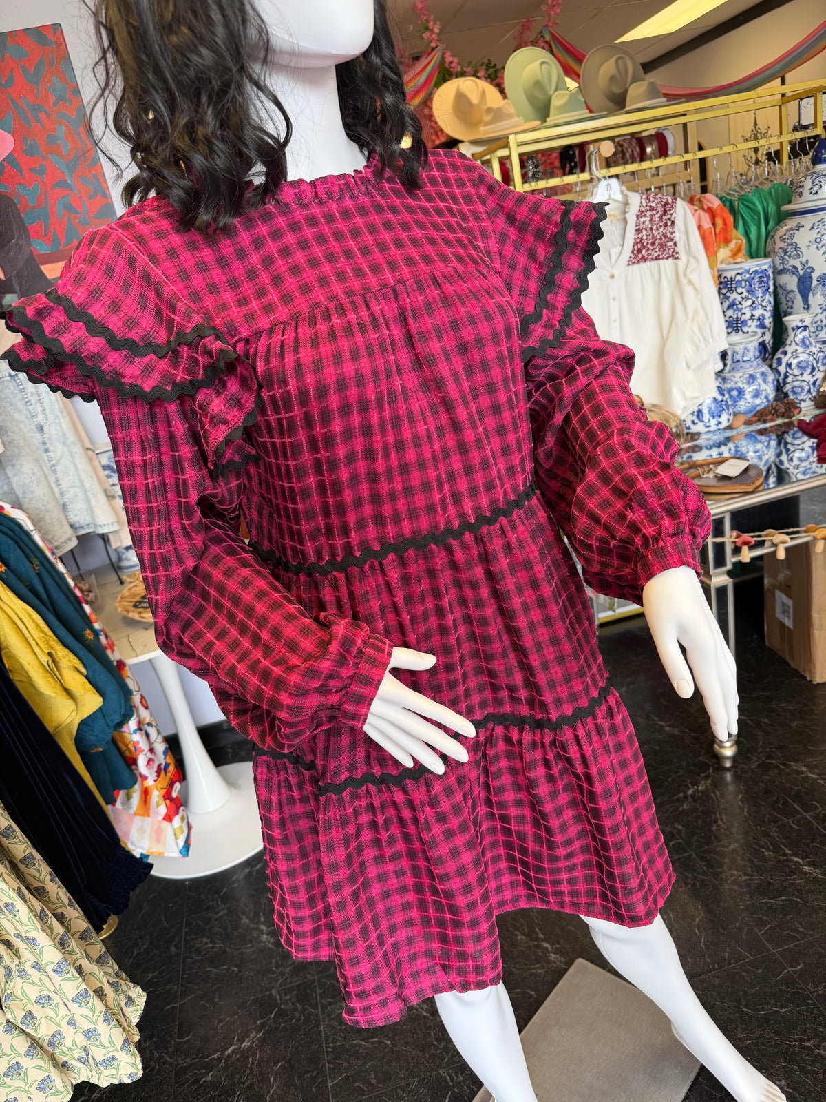 Fuchsia & Black Gingham Flutter Sleeve Dress