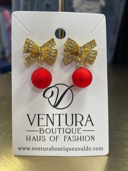 Gold Bow With Red Ball Ornament Drop Earring