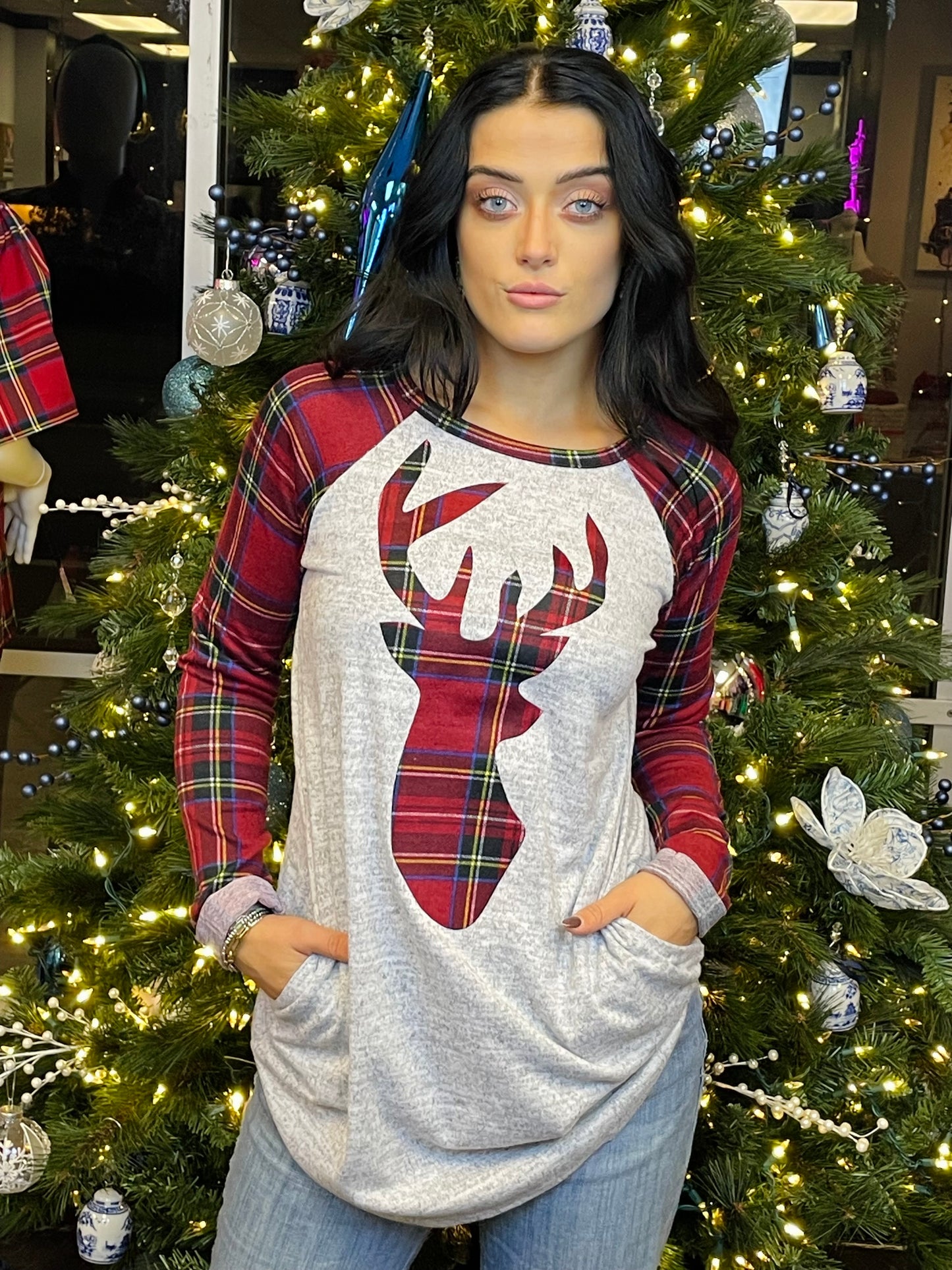 Reindeer Plaid Grey Tunic Top