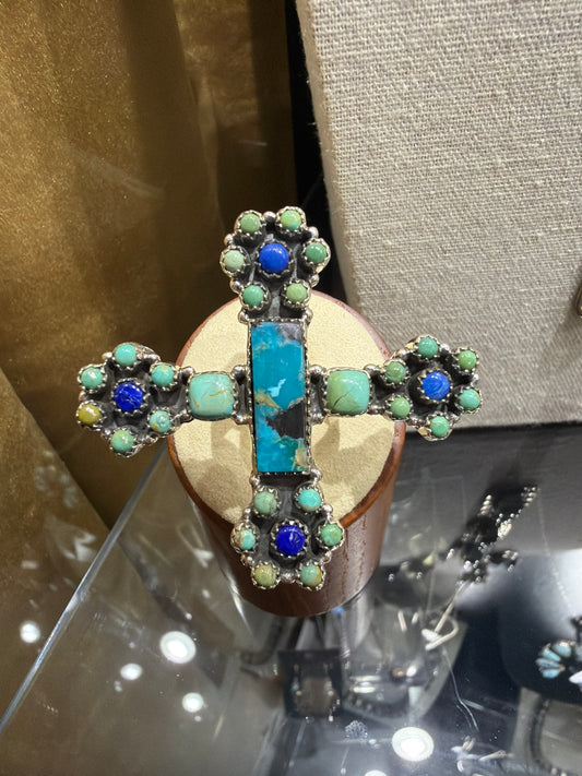 Sterling Silver Turquoise Blue Lapis Cross Adjustable Ring
