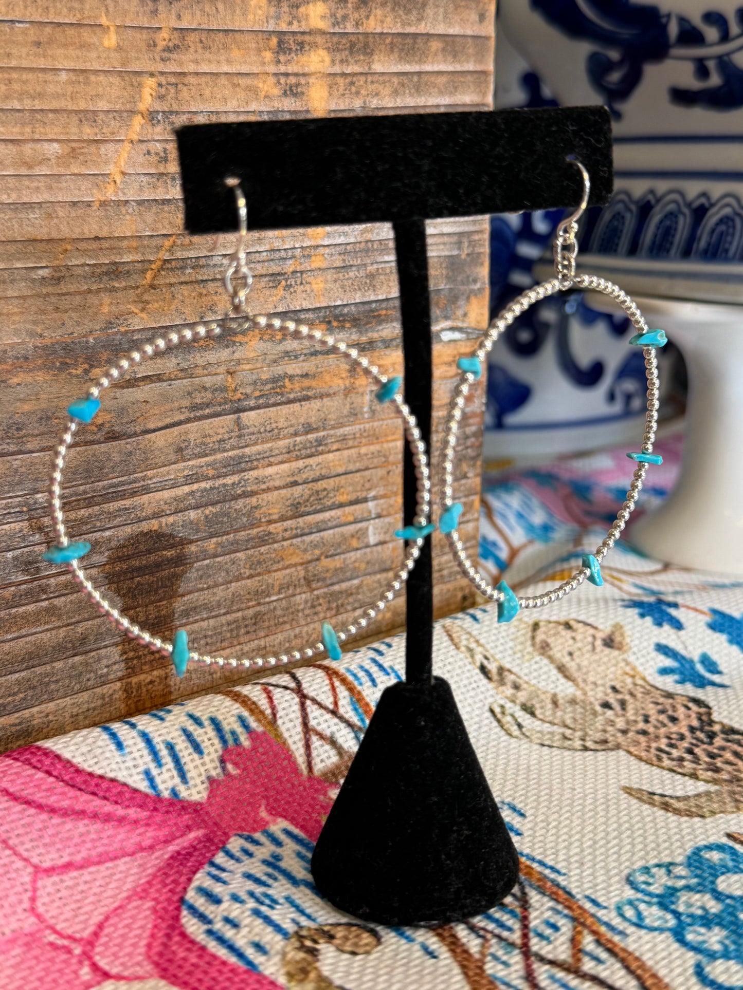 Sterling Silver Beaded Turquoise Hoop Earring