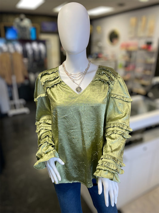 Long Sleeve Ruffle Green Blouse
