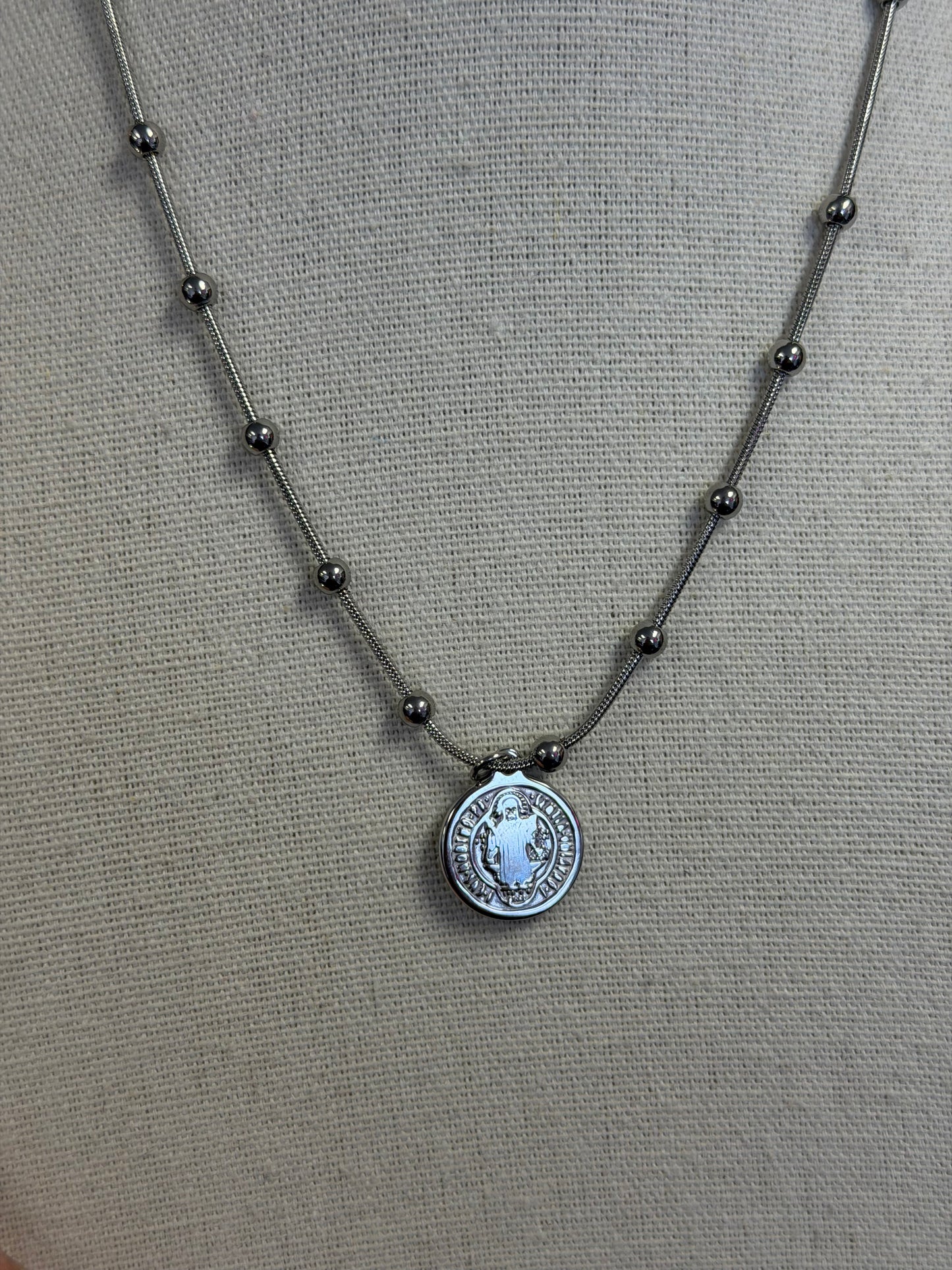 Beaded Ball Chain Stainless Saint Benedict Charm Necklace