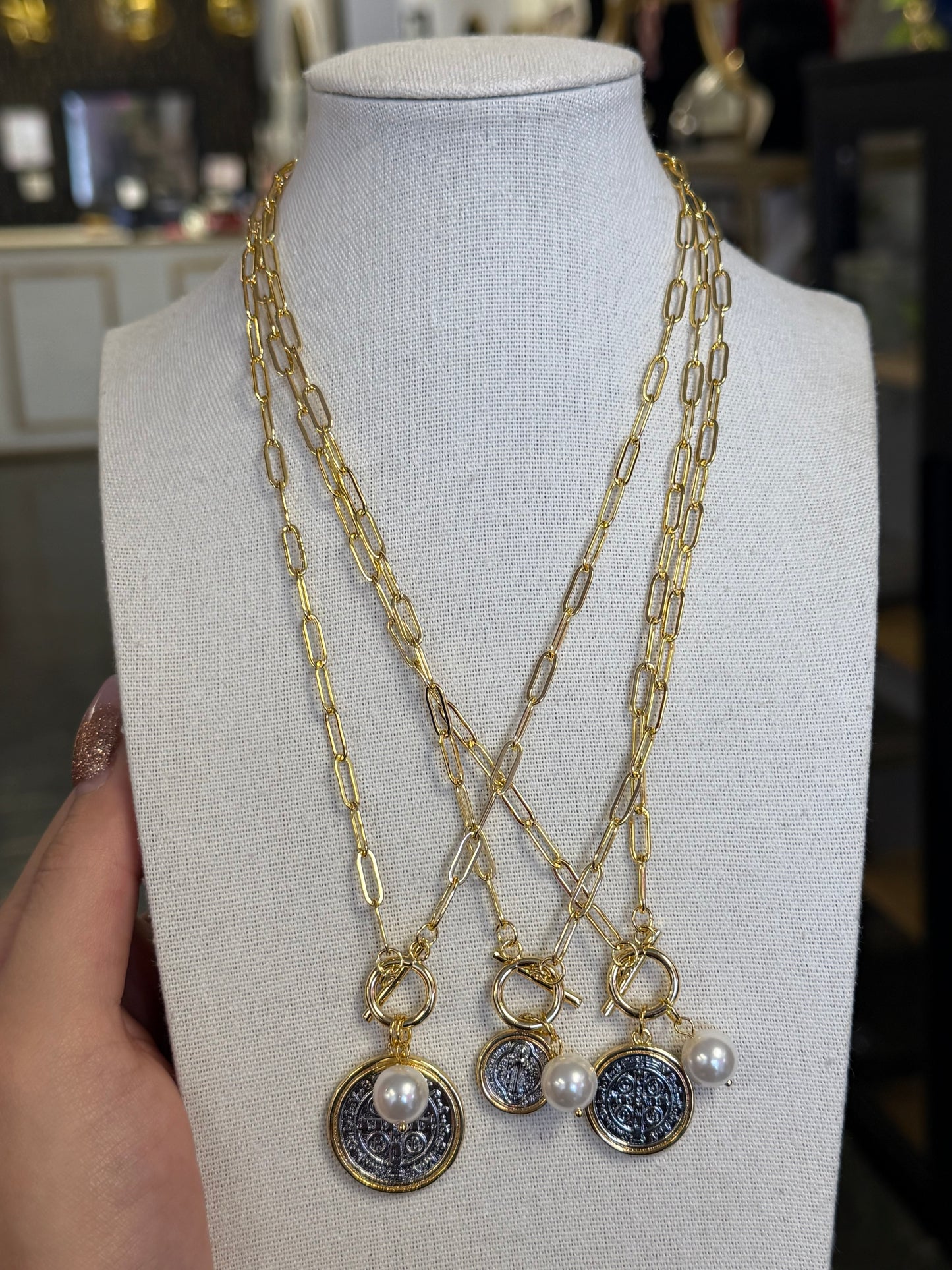 Two Tone Saint Benedict Toggle Paper Clip Necklace Multi Sizes