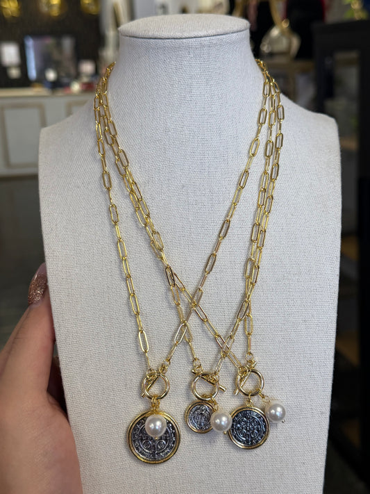 Two Tone Saint Benedict Toggle Paper Clip Necklace Multi Sizes