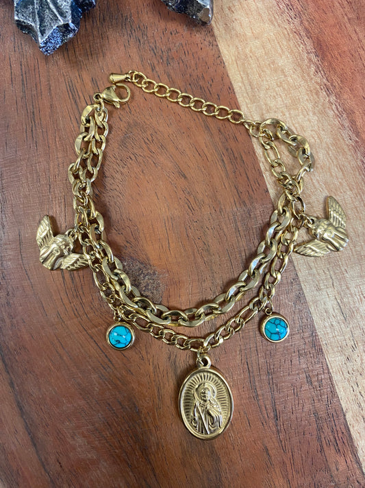 Stainless Steel Gold Plated Multi Charm Religious Bracelet
