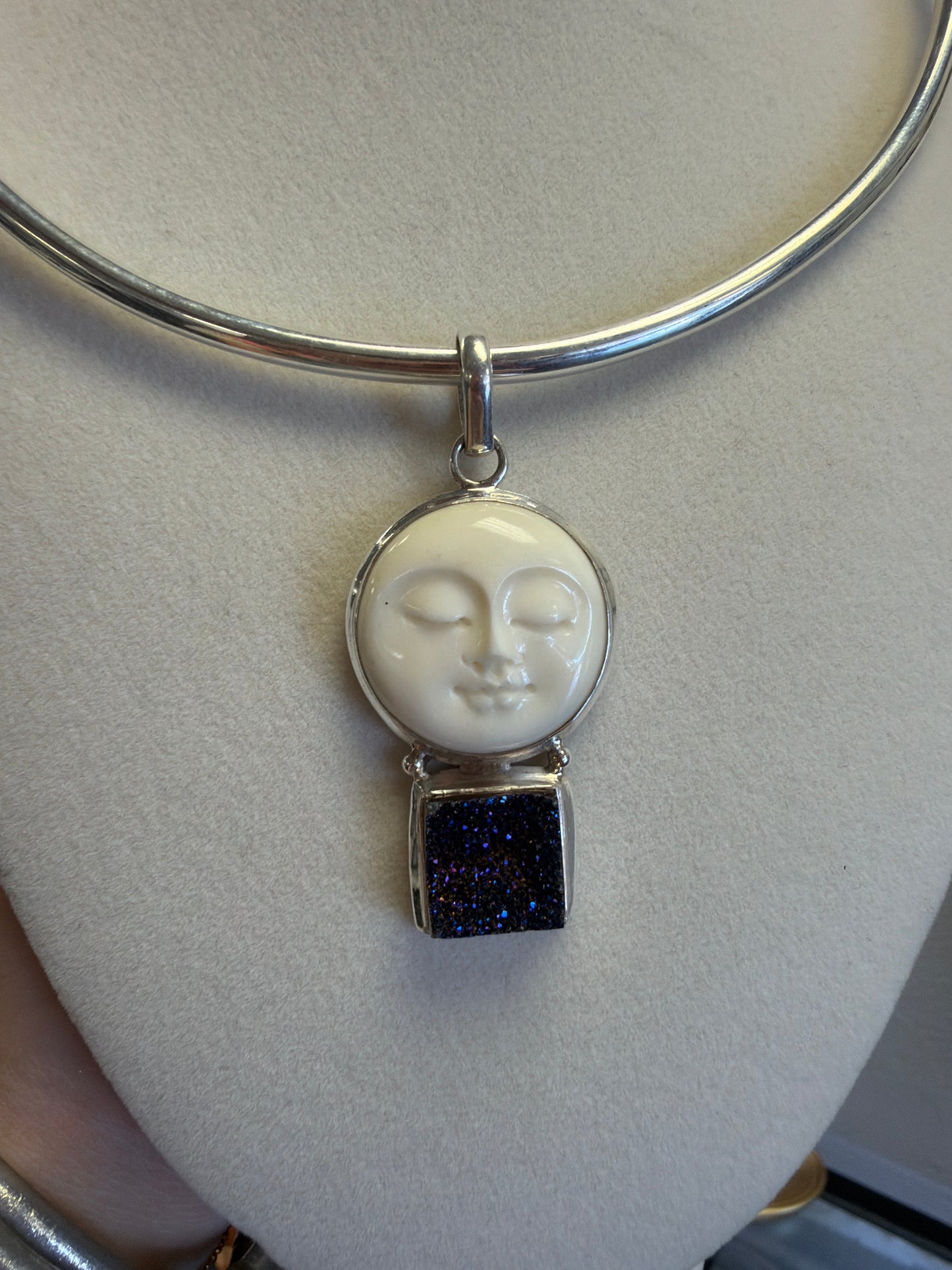 Sterling Silver Craved Moon Face & Drusy Pendant ￼￼