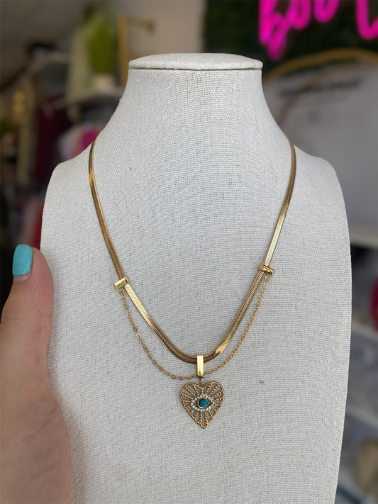 Stainless Gold Plated Evil Eye Stone Necklace