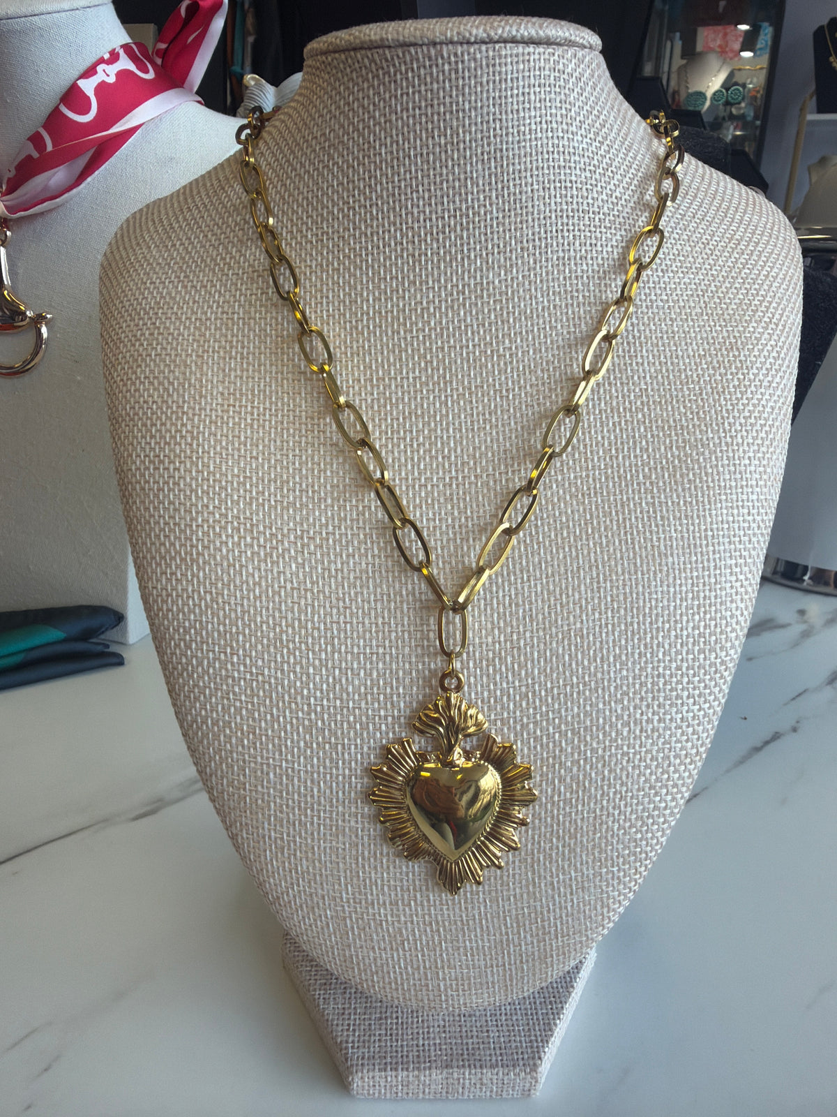 Stainless Steel Gold Plated Sacred Heart Paper Clip Necklace