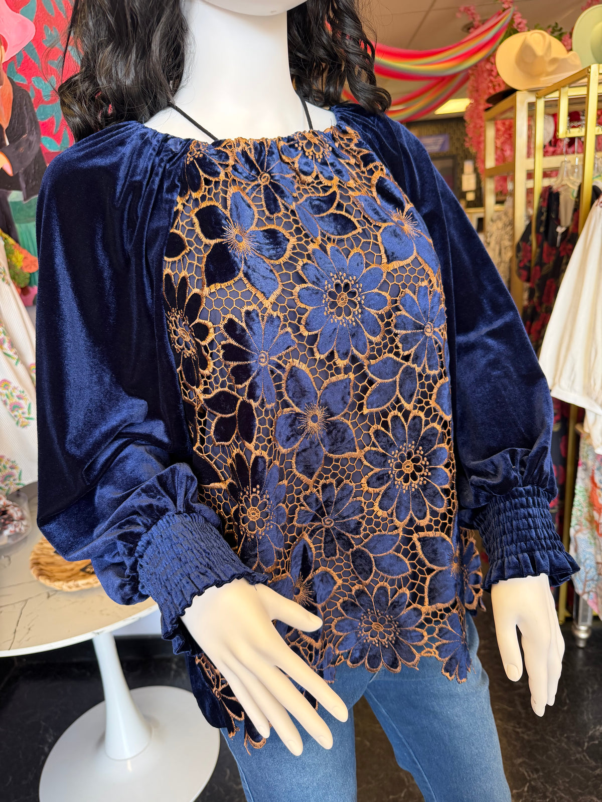 Navy Floral Lace Velvet Top