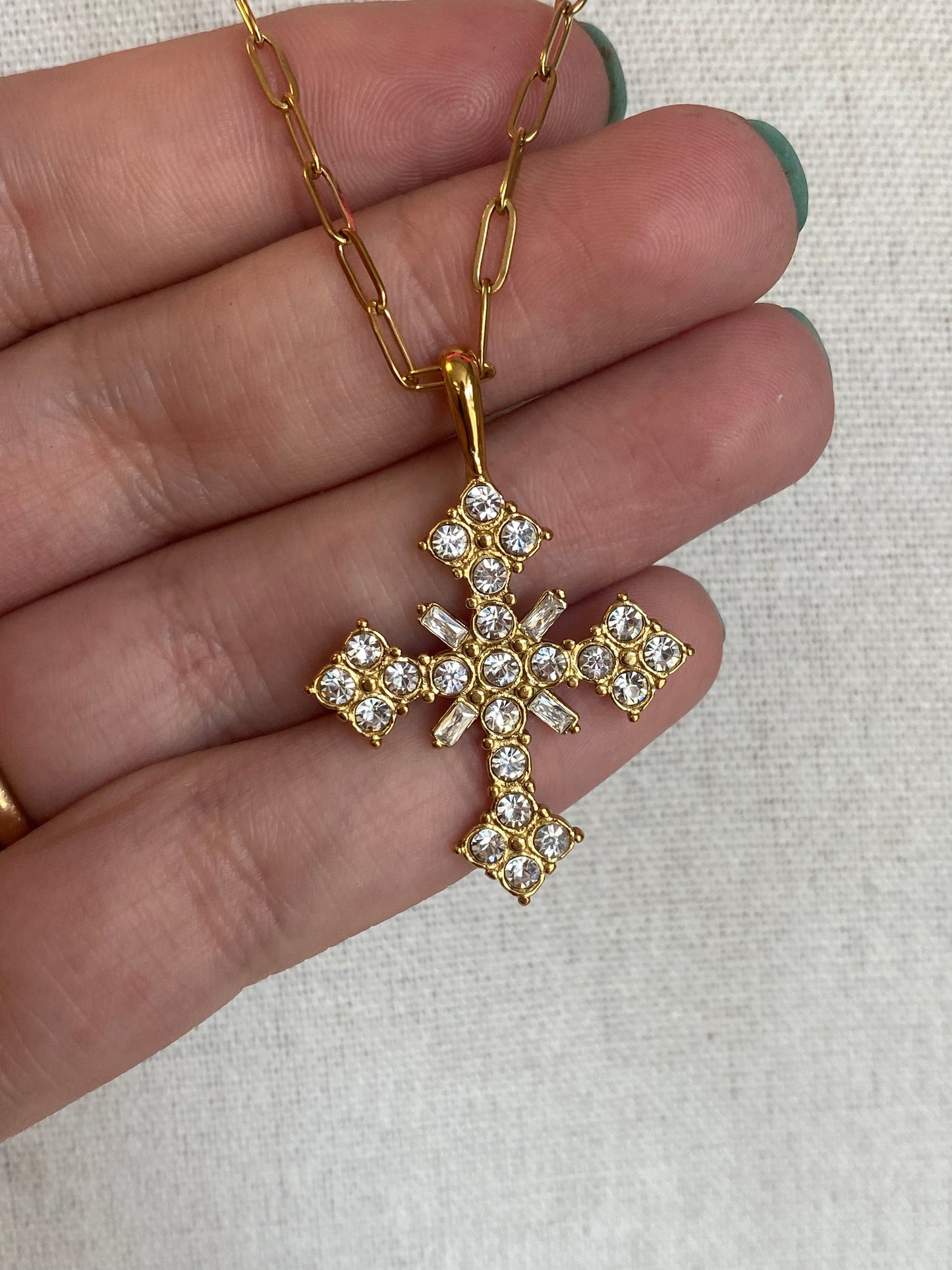 Gold Plated Stainless Steel Crystal Cross Necklace