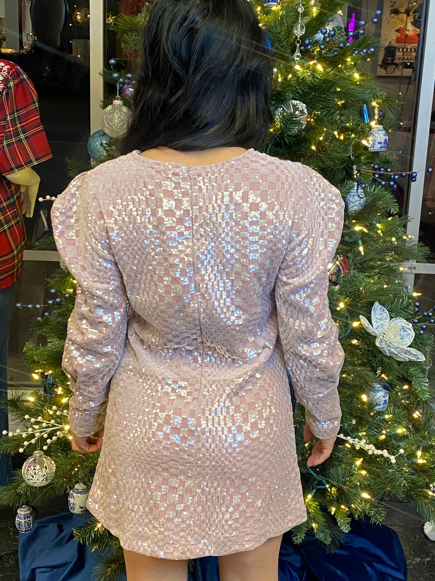 Long Sleeve Checkered Sequin Dress