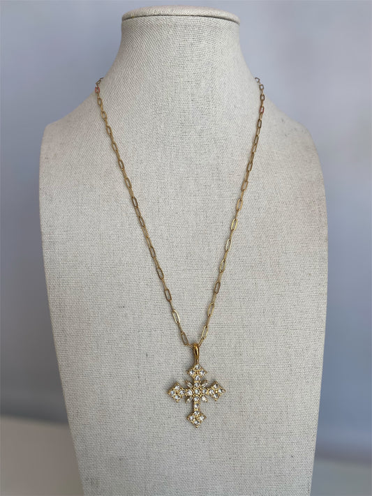 Gold Plated Stainless Steel Crystal Cross Necklace