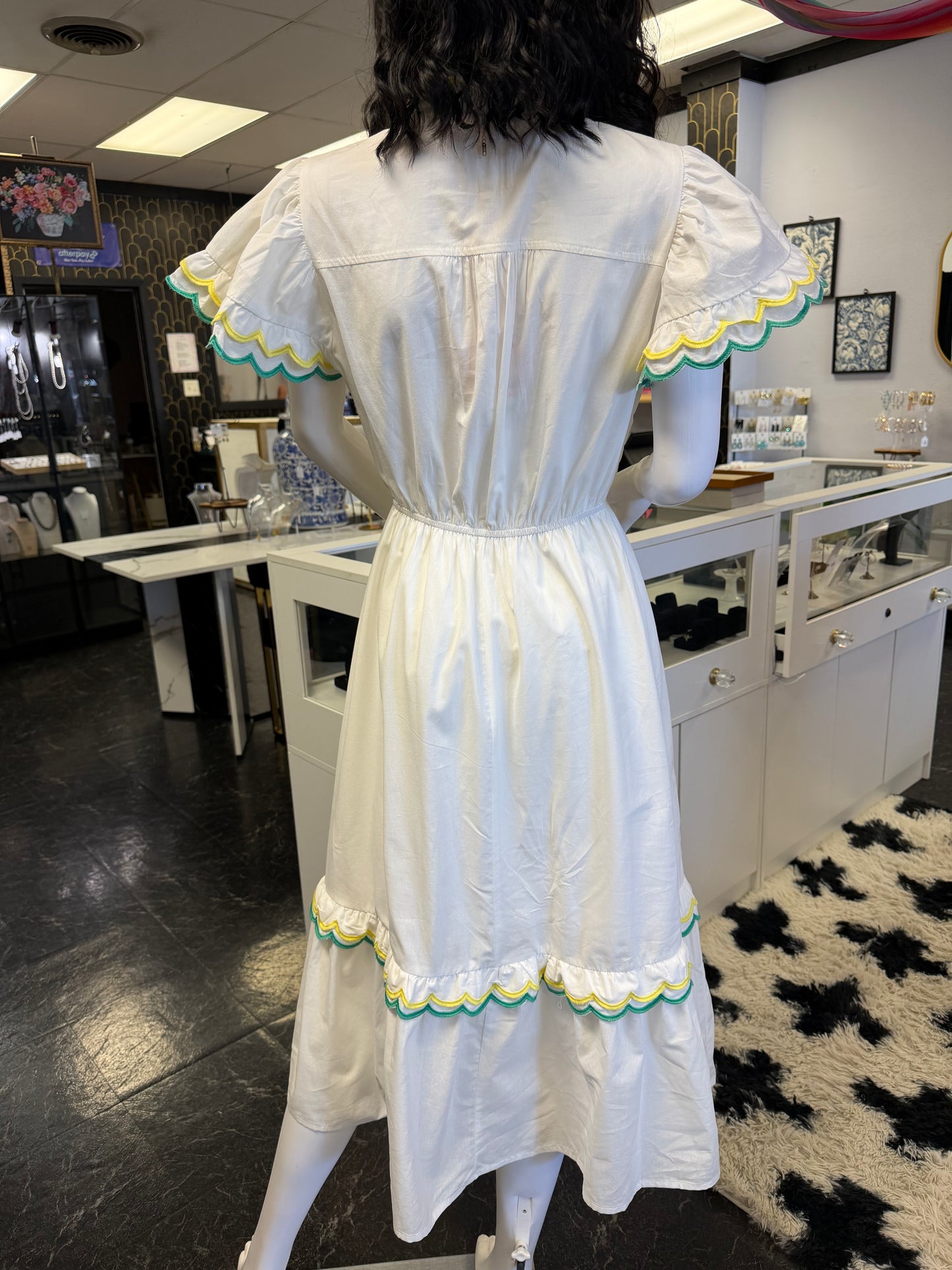 White Colorful Embroidered Scalloped Maxi Dress