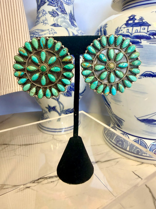 Sterling Silver Huge Cluster Turquoise Stud Earrings