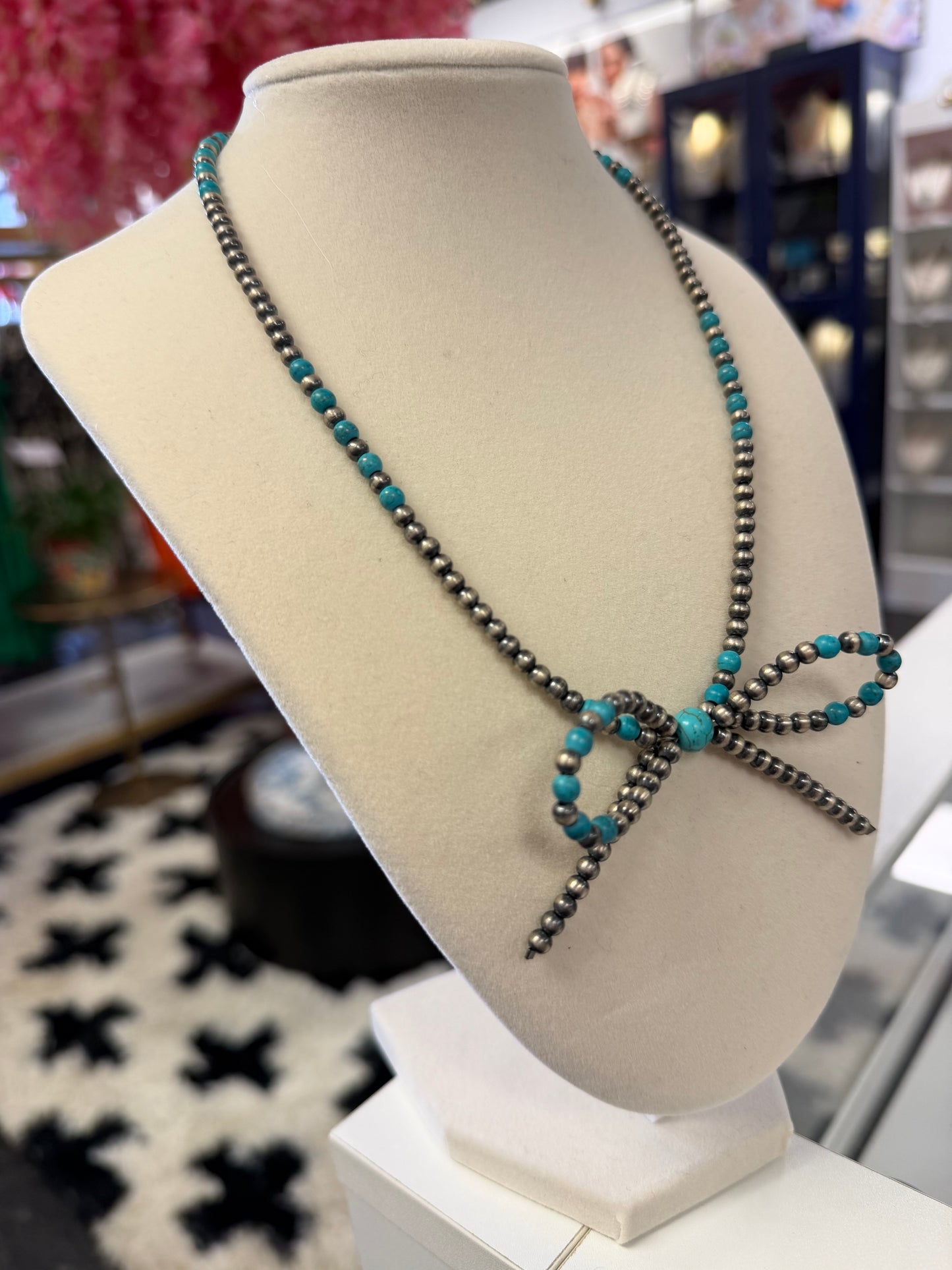 Sterling Silver beaded Bow Necklace & Turquoise