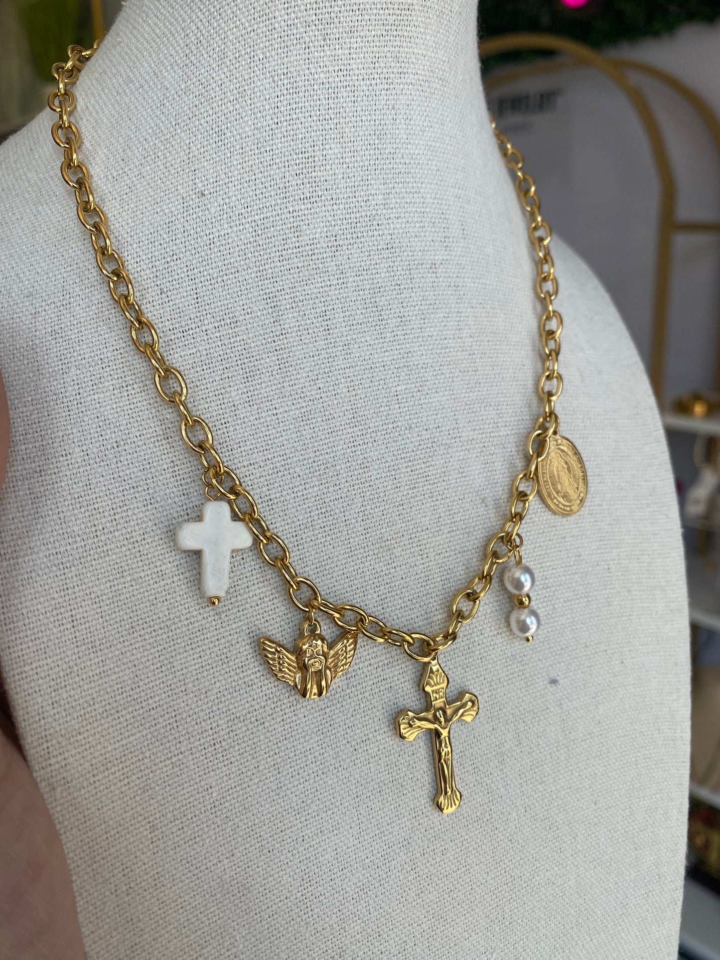 Holy Multi Charm Necklace Stainless Steel Gold Plated