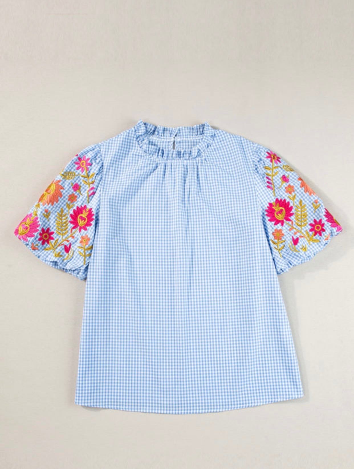 Light Blue Gingham Floral Embroidered Puff Sleeve Top