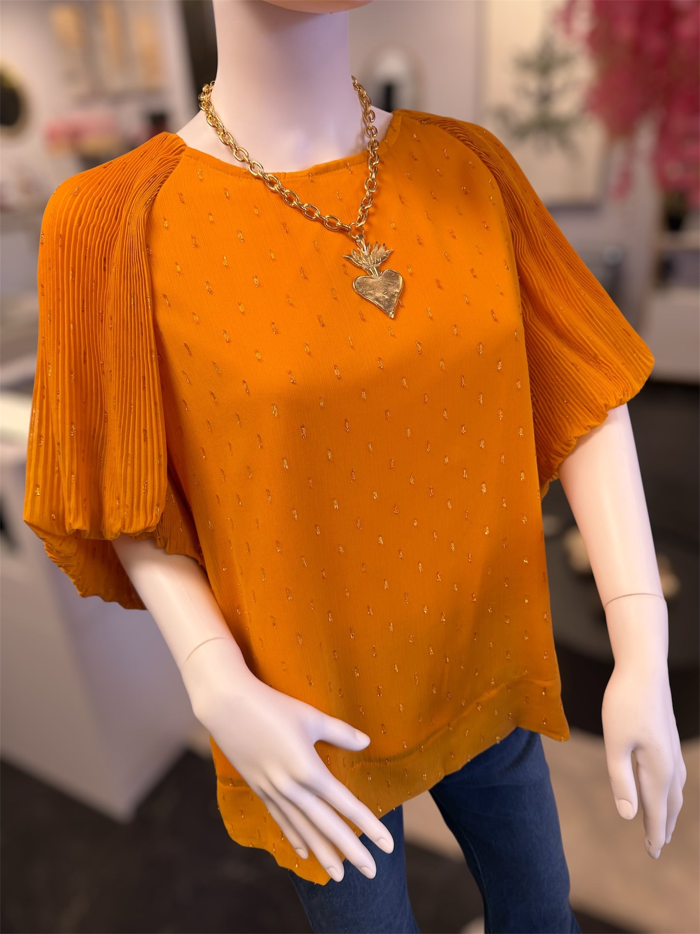 Goldie Mustard Metallic Foil Round Neck Top