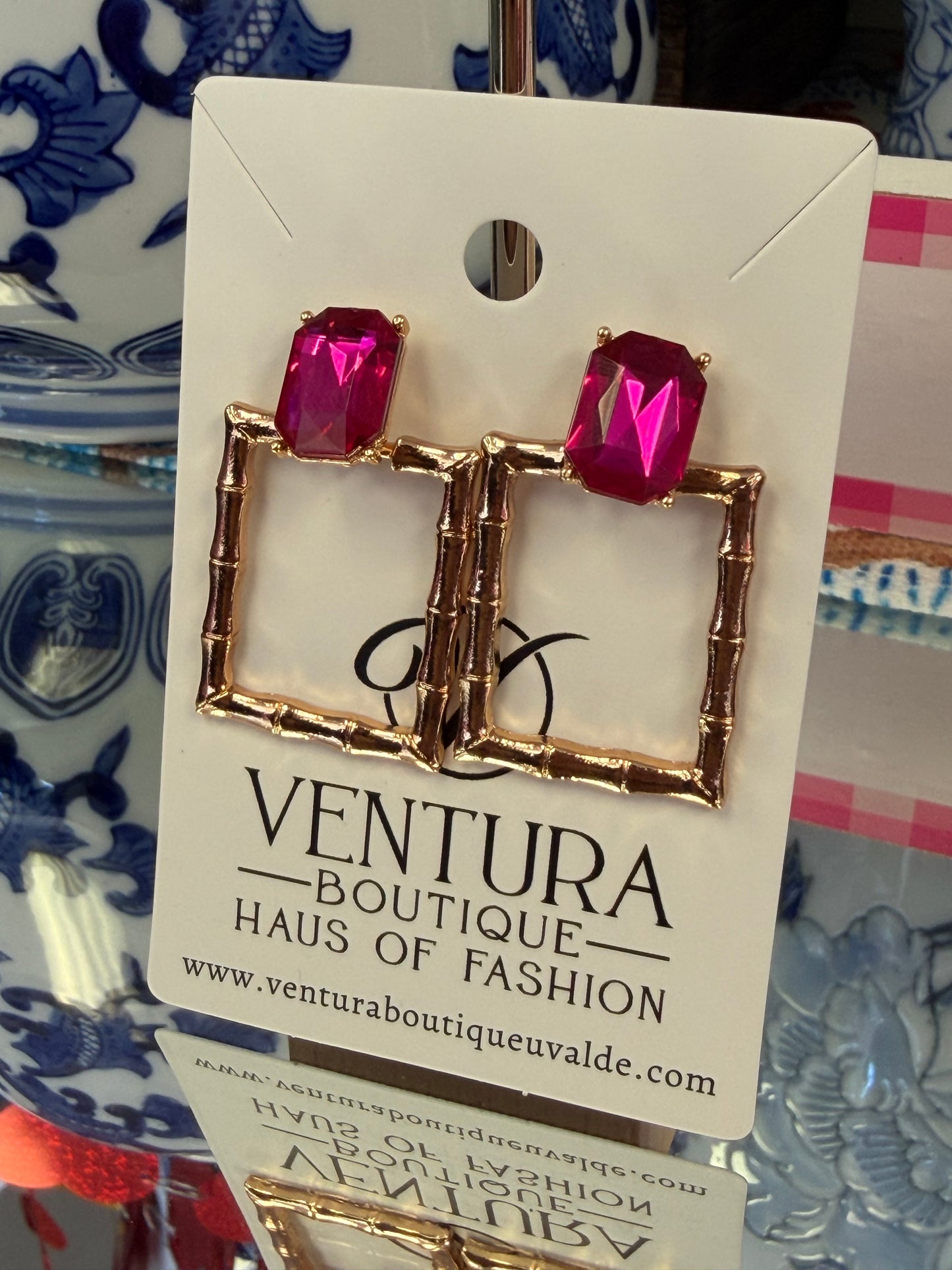 Bamboo Pink Crystal Post Stud Earrings