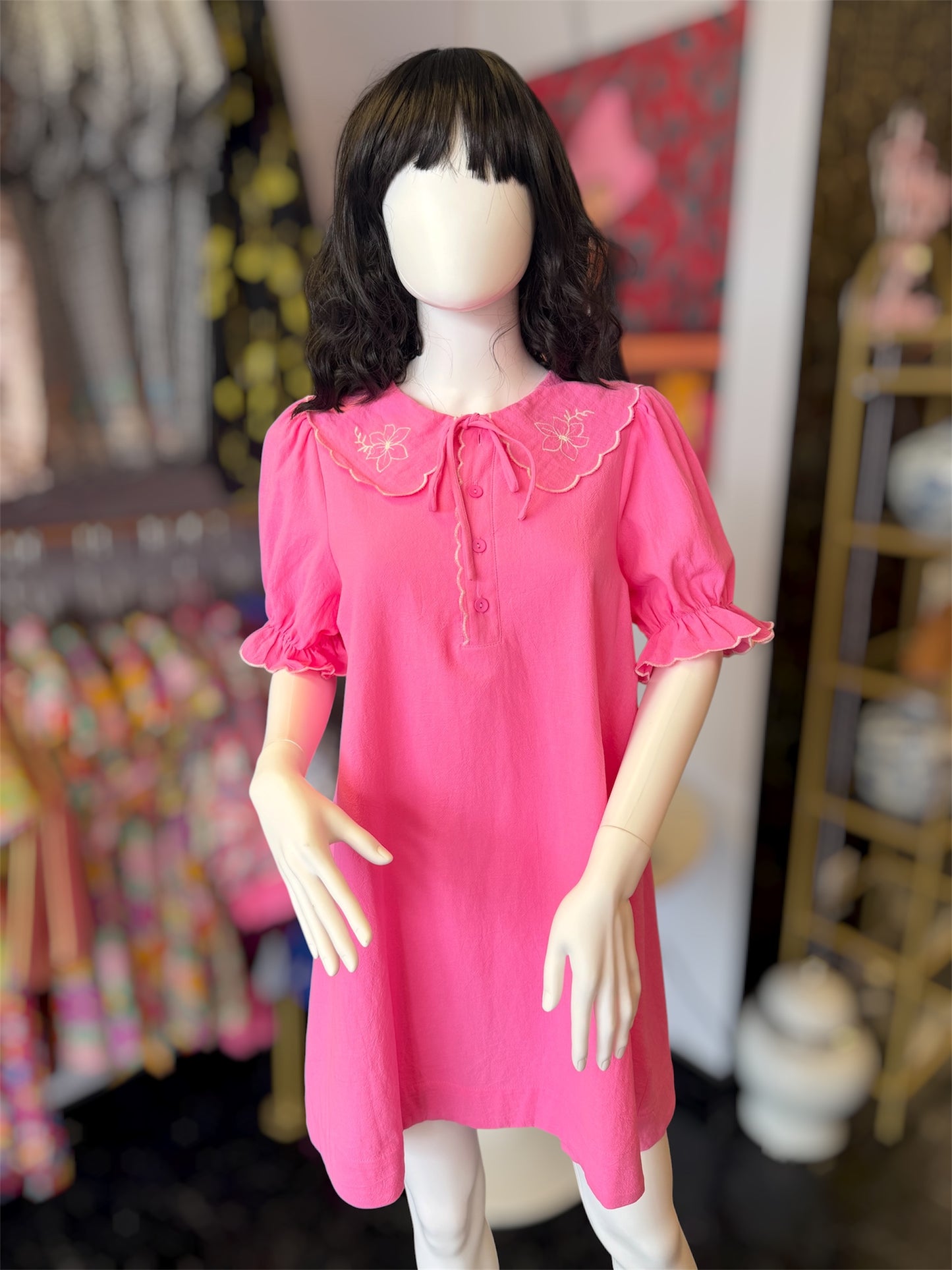 Pink Embroidered Collared Dress