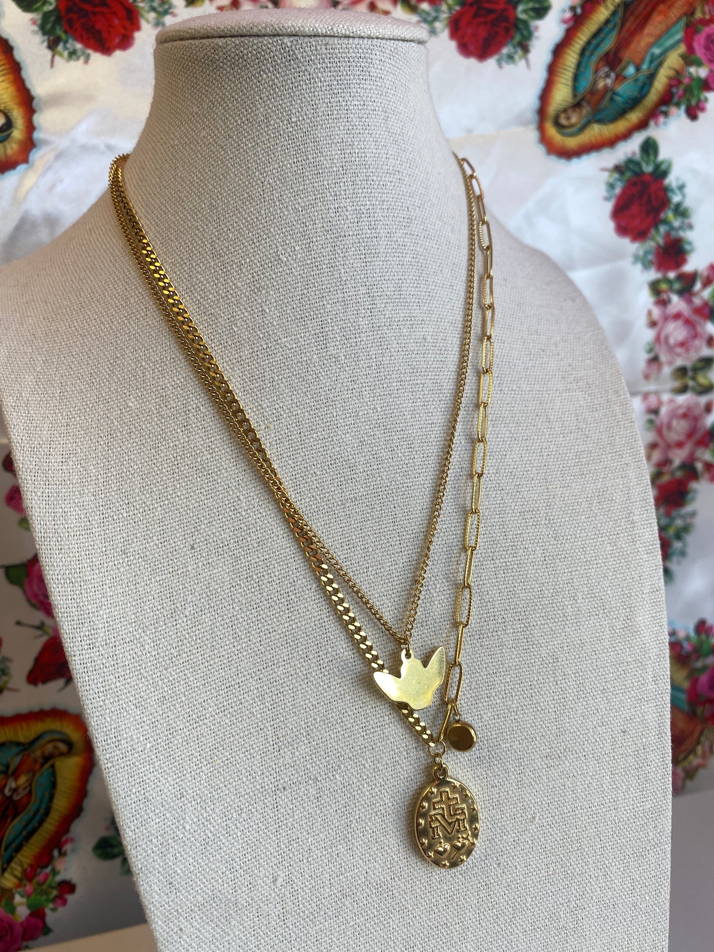 Stainless Gold Plated Double Necklace Mary & Angel